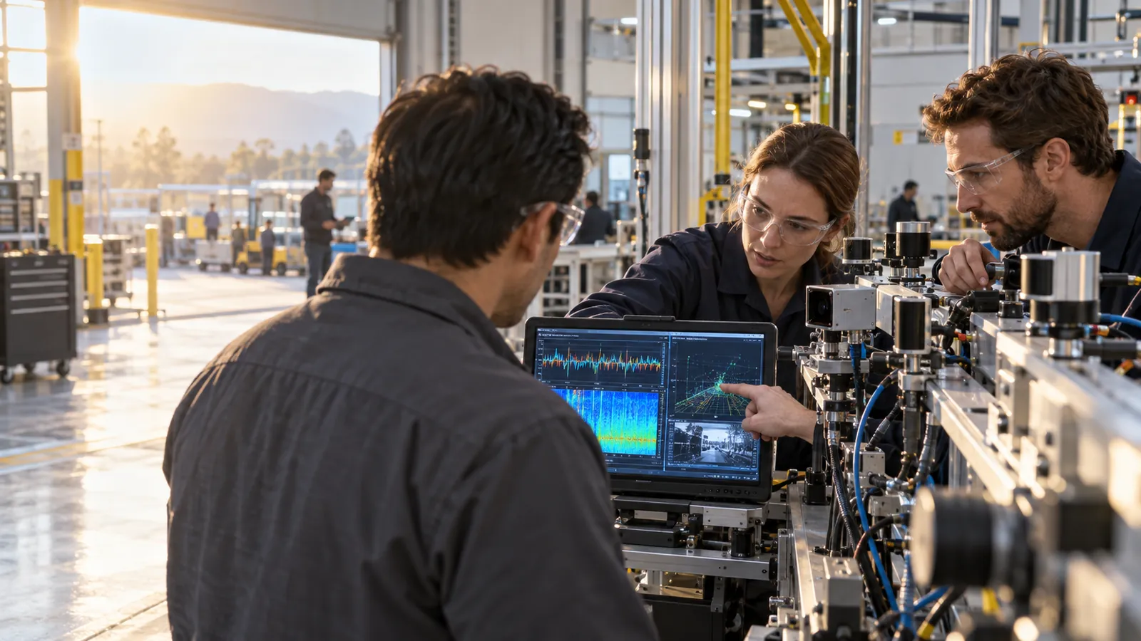 Experts examining sensor data at an industrial research site.