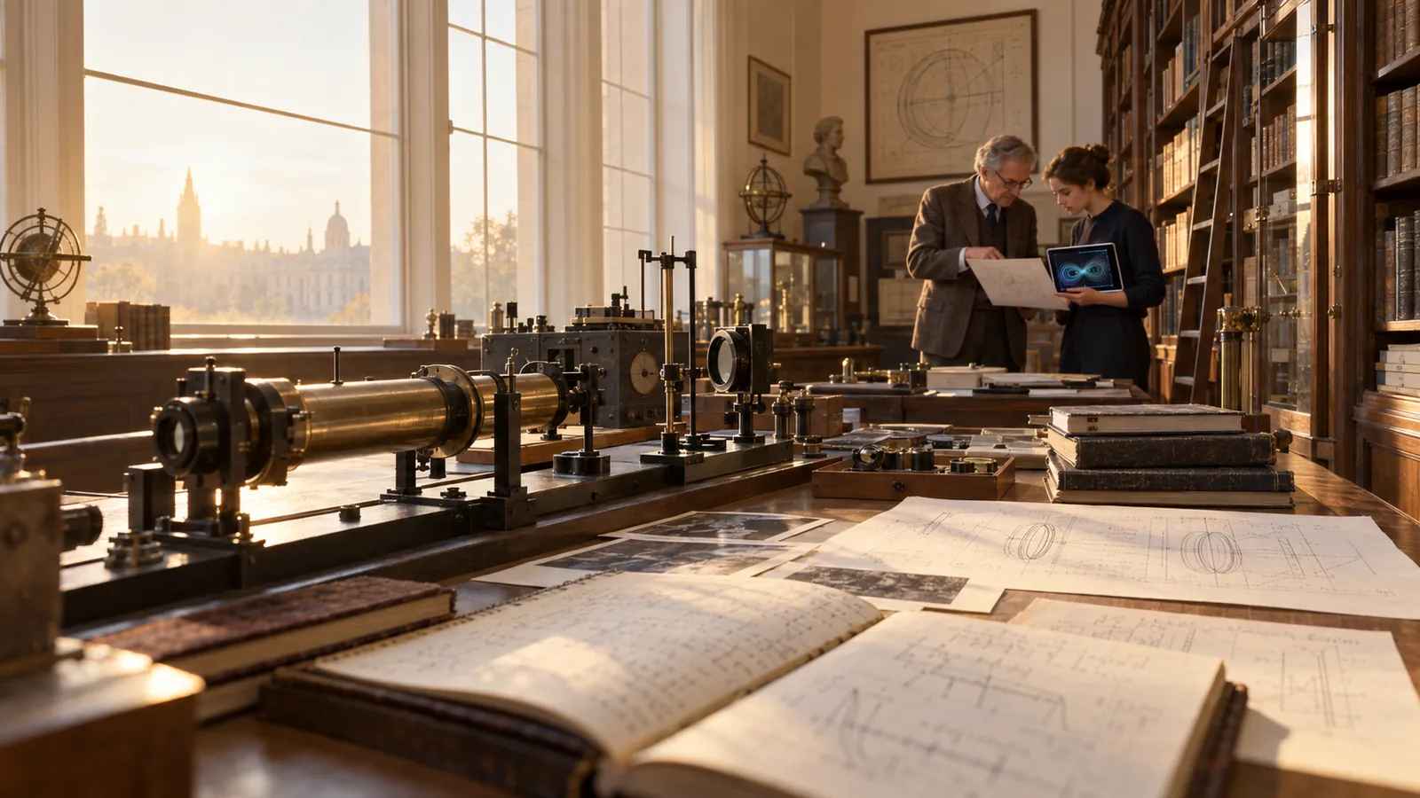 Concept art evoking a historical physics archive.