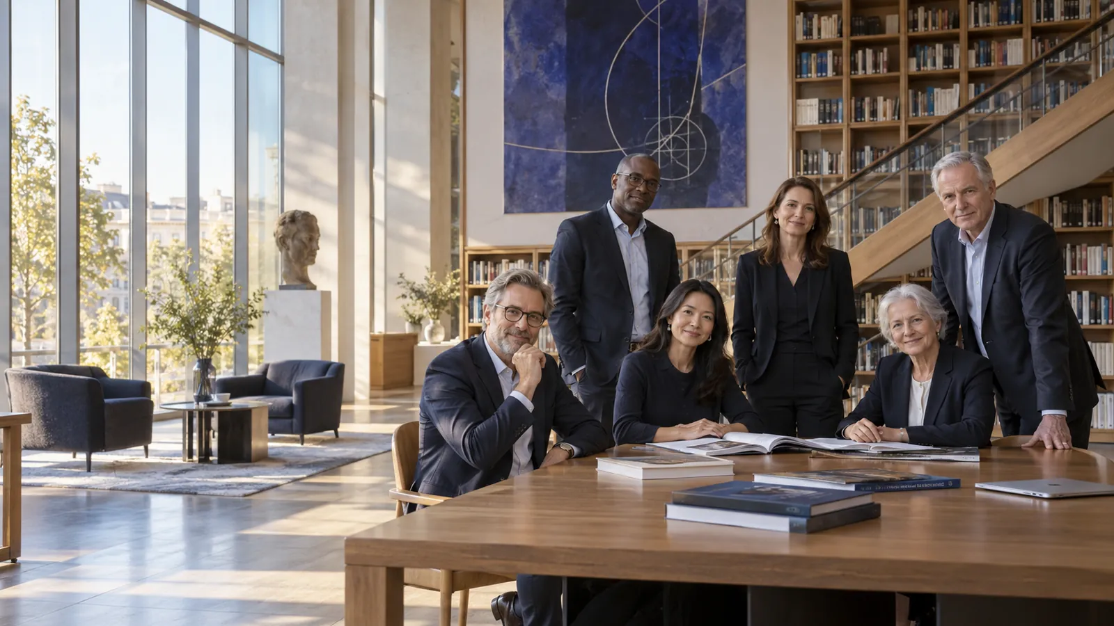 A group in an institutional scientific library and foundation hall.